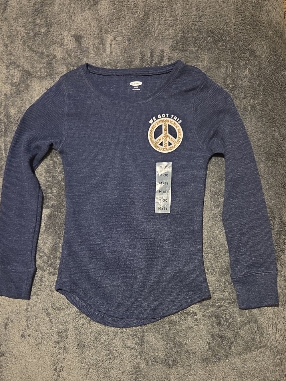 Old Navy Navy Long-Sleeve Waffle Knit Tee with Gold Peace Patch